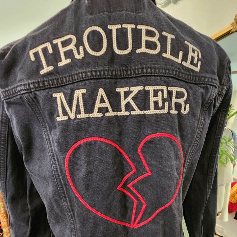 Lucky Brand "Trouble Maker" Denim Jacket | Medium | Statement Embroidered Jacket